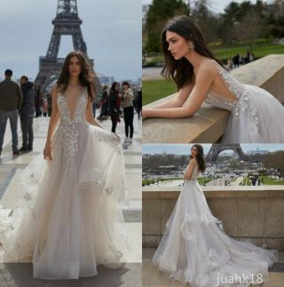 Julie Vino 2019 Backless Wedding Dress V Neck Appliqued Weep Train Castle Gowns