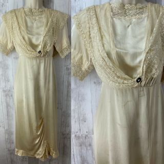 C1910s Edwardian Dress Antique Titanic Gown Vintage Ecru Ivory Silk Lace Xs/s
