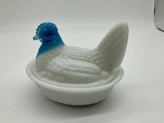Vintage Westmoreland Milk Glass Chicken Hen On Nest Basket Dish Blue Head White