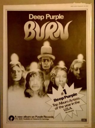 Deep Purple Burn Lp 1974 Purple Records Promotional Poster Advert