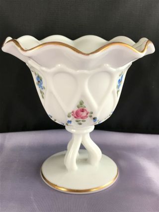 Vgt Westmoreland Milk Glass Doric Sweetmeat/open Dish - Painted Roses&bows