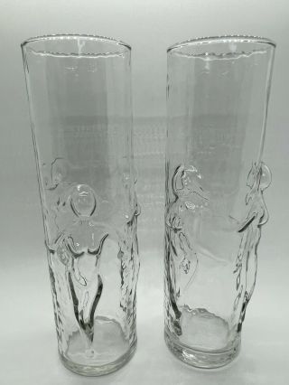 Vintage Libbey Set Of 2 Embossed Nude Dancing Ladies Tall Cocktail Dinking Glass