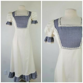 Vtg Gunne Sax Ivory Cotton Gingham Puff Sleeve Maxi Dress Prairie Dress Size 13