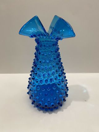 Vintage Blenko Large Art Glass Blue Turquiose Spiked Hobnail Split Rim Vase