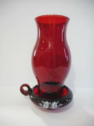 Vintage Fenton Ruby Red Glass Hurricane Candle Holder Hand Painted & Signed Base