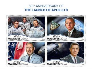 1968 Apollo 8 Nasa Astronauts / Moon Orbit Space 4v - Stamp Sheet (2018 Maldives)