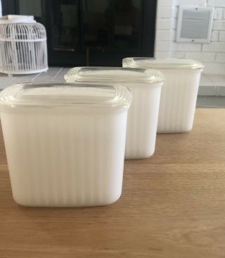 3 Vintage Hazel Atlas White Milk Glass Refrigerator Dishes W/ Plastic Lids
