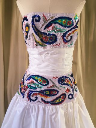 Vtg 1980s Victor Costa White Sequin Ruched Party Prom Dress/ball Gown Sz Sm - Med
