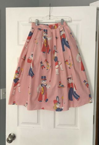Vintage 50s Full Skirt Toy Doll Novelty Print Duck Puppy Dog Cottage Sweet Boho