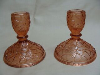 Imperial Glass 675 Pink Pattern Tree Of Life 2 Candle Holders.  Depression Glass
