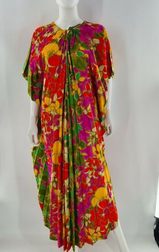 Vtg 70s Kamehameha Hawaiian Caftan Accordion Pleated Maxi Gown Dress