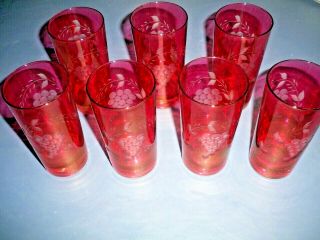 7 - Vintage Cranberry Glass Cut To Clear Grape Pattern Tumbler Glassware