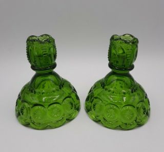 Set Of 2 Vintage L.  E.  Smith Moon And Stars Green Candlesticks 4.  5 "