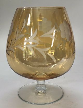 Vintage Amber Balloon Brandy Snifter Glass Etched Delicate Compote Vase 6.  5x 3.  5