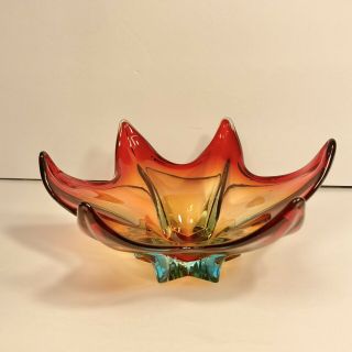 Hand Blown Art Glass Starfish Shaped Bowl.  Turquoise And Red Star Bowl ?murano?