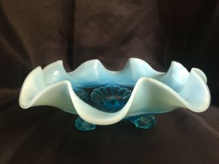 Antique Jefferson Blue Opalescent Eapg Glass Footed Bowl 9”