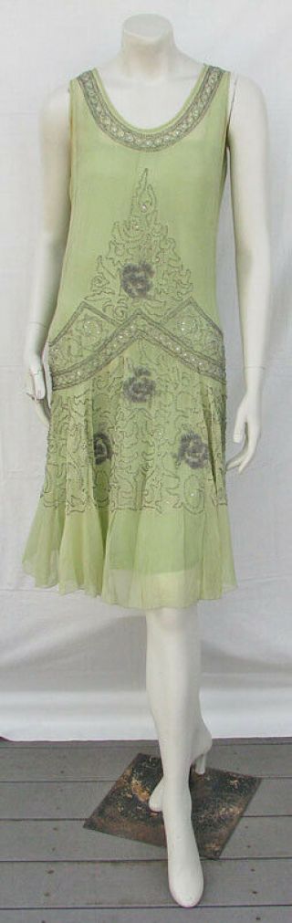 Vintage 1920s Flapper Dress Beaded Green Silk Georgette With Slip Gatsby Era