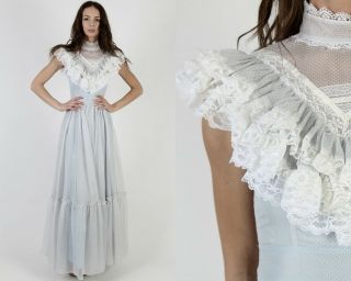 Vintage 70s Blue Swiss Dot Dress Pale Blue White Lace Fairytale Prom Gown Maxi