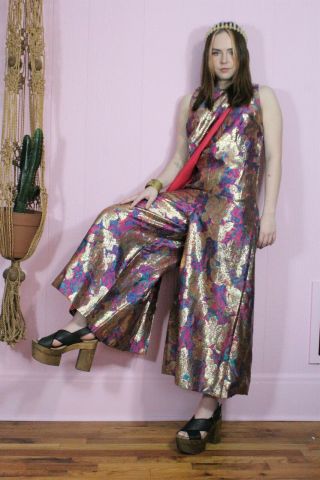 Vtg 60s Psychedelic Gold Brocade Wide Leg Pallazzo Hippy Boho Dress Jumpsuit S/m