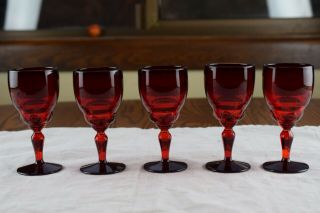 5 Martinsville Ruby Red Moondrops 4 3/4 " True Wine Goblet Glasses