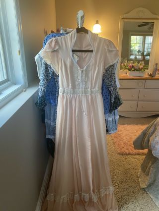 Vintage Pink Gunne Sax Cotton Lace Up Prairie Peasant Dress Gown 1970s Size 9
