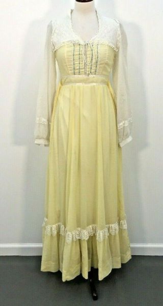 Vtg 70s Gunne Sax Yellow White Lace Boho Prarie Maxi Dress Womens Sz 11