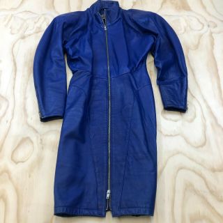 Vtg Michael Hoban North Beach Leather Women Medium Blue Full Zip Dress Euc