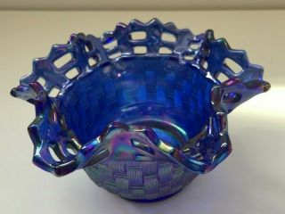 Fenton Art Glass Independence Blue Carnival Basket Weave Rose Bowl