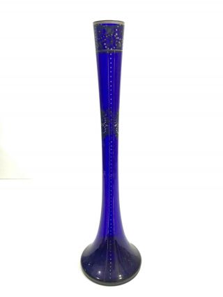Vintage Bohemian Czech Art Glass Cobalt Blue Hand Painted Tall Floral Bud Vase 2