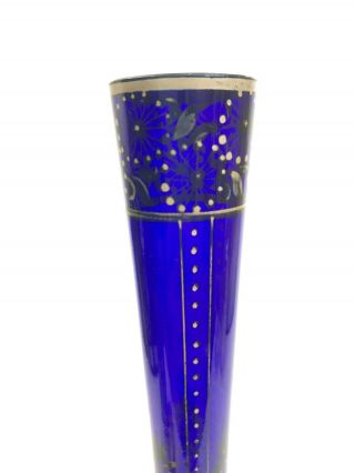 Vintage Bohemian Czech Art Glass Cobalt Blue Hand Painted Tall Floral Bud Vase 3
