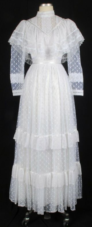 Vtg 80s Gunne Sax Romantic White Lace Dress Wedding Gown W/ruffles & Satin