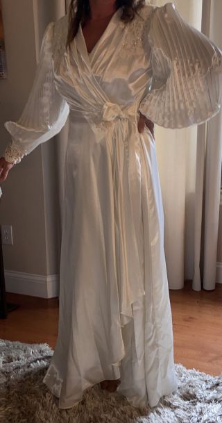Women Vtg 80’s Jonquil By Diane Samandi Ivory Bridal Satin Nightgown & Robe Sz M