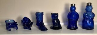 6 Cobalt Blue Glass Figurines Salt & Pepper Shakers Owl Toothpick Holders - Car