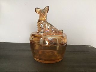 Jeanette Scottie Dog Marigold Carnival Glass Lidded Powder Jar Trinket 5 1/2”