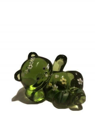 Vintage Fenton Hand Painted Green Glass Bear Figurine Signed & Fenton Mark
