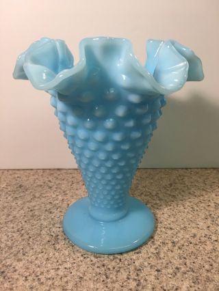 Vintage Fenton Hobnail Blue Pastel Milk Glass 5 3/4 " Trumpet Vase