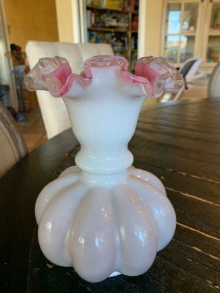 Vintage Fenton Ruffled - Edge Vase.  Pink With White Over - Lay,  Clear Edge 8.  5 " Tall