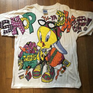 Vtg 1994 Tweety Looney Tunes All Over Print Double Sided Rap Tee T Shirt 90s L