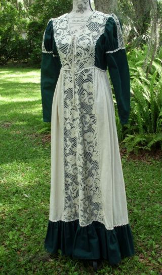 Black Label Gunne Sax Dress Ren Style In Forest Green Cotton And Cream Lace