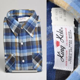 Xl 1960s Deadstock Plaid Shirt Blue Flannel Vtg Long Sleeve Two Pocket Button Up