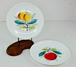 2 Vintage Westmoreland Beaded Edge Milk Glass Plates Fruit 7 " Hand Painted