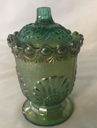 Vintage Rare Westmoreland Green Carnival Glass Sugar Bowl With Lid