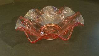 Vintage Pink Carnival Glass Candy Dish With Rose In Center And On Sides