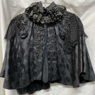 Antique Victorian Jet Bead Cape Blouse Lace Opera Mourning Vintage Silk Brocade