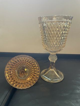 Vintage Indiana Glass Apothecary Candy Jar Chalice Marigold Diamond Point 16 