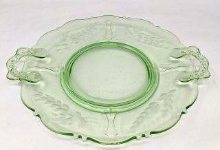 Vtg Art Deco Etched Uranium Green Depression Glass Serving Cake Plate Tray A21