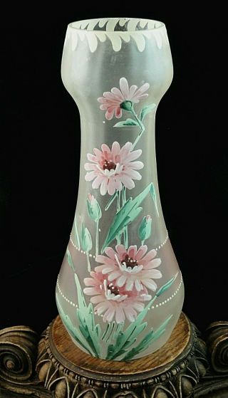 Antique Bohemian Carl Goldberg Hand Painted Enamel Pink Floral Art Glass Vase