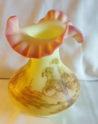 Fenton " Burmese " Glass Artist Signed Hand Painted Vase With Fluted Top Rim Vase