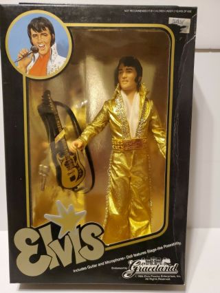 1984 Elvis Graceland Doll Guitar & Microphone,  Gold Suit 12 " Nrfb
