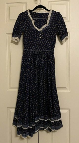 Vintage Gunne Sax Calico Prairie Midi Dress Cottagecore Eyelet Navy Blue
